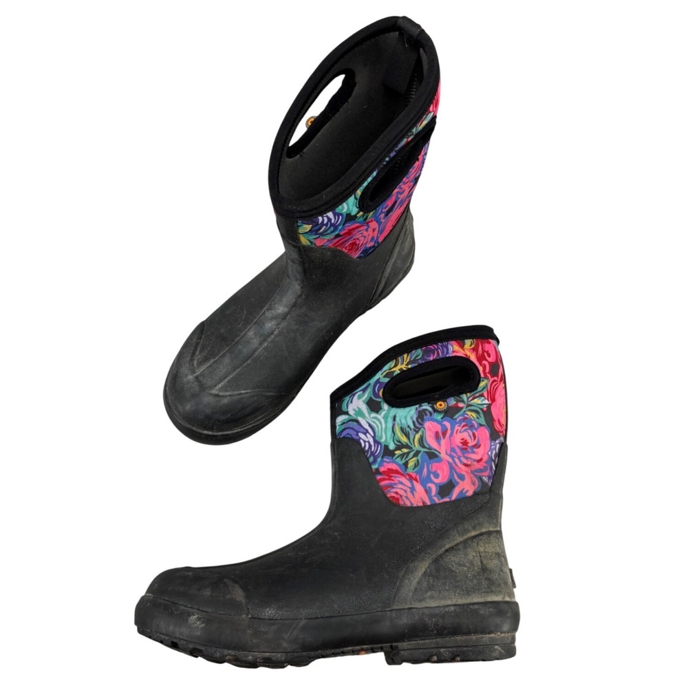 Bogs Classic Mid Floral Waterproof Rain Boots Black Multi Winter Womens Size 8